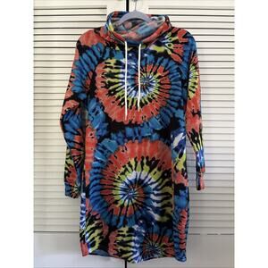 Almost Famous Tie-Dye Hoodie Dress L Drawstring Cowl Neck Retro 90s Fleece SOFT